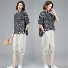 2022夏季新款时尚小碎花上衣+亚麻七分裤两件套，女装套装/套裙，独衣靓