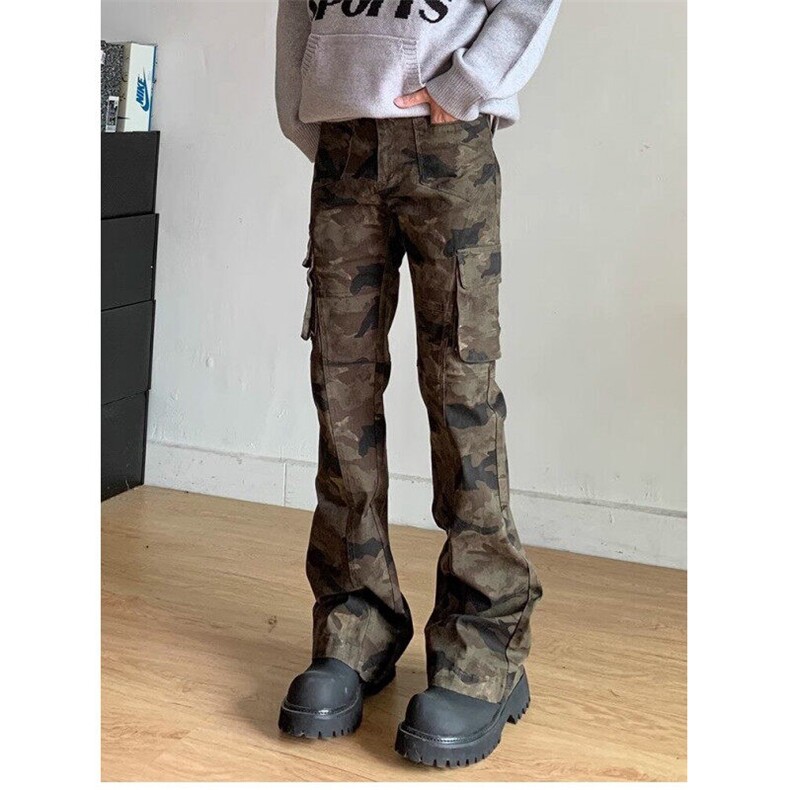 美式高街vibe风迷彩牛仔裤男多口袋工装裤子高个子加长直筒微喇裤,男装休闲裤,星座1608-2