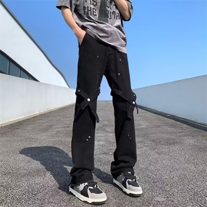 高街排扣工装裤男春夏季直筒修身微喇裤子美式街头潮牌休闲长裤图片