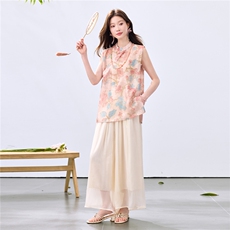 夏季新款现货！2026新中式奥黛款植物花卉上衣+阔腿裤洋气两件套，女装套装/套裙，宝儿家
