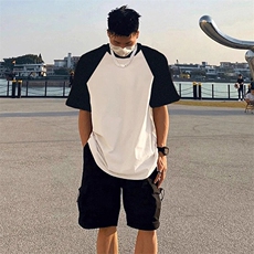抖音得物高品质二开240克宽松纯棉美式潮牌插肩袖拼接短袖T恤，男装T恤，电商A486-1