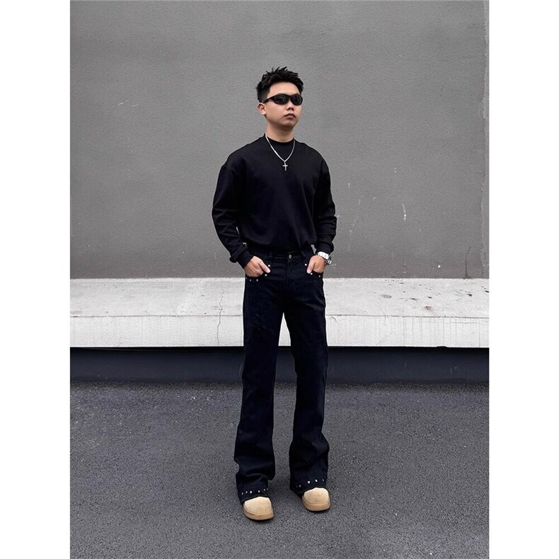 美式男春秋季复古铆钉毛边弯刀牛仔裤,男装牛仔裤,星座506A