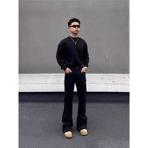 美式男春秋季复古铆钉毛边弯刀牛仔裤图片