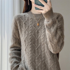复古麻花100%纯羊毛衫女加厚圆领毛衣2025新款宽松针织衫上衣，女装羊毛衫，吉高羊绒