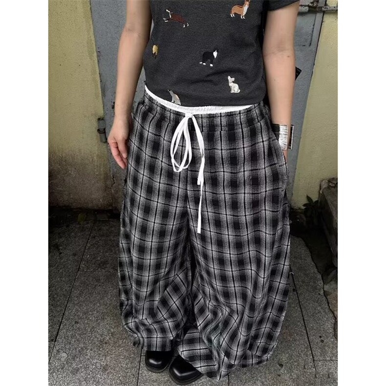 美式复古格纹双腰头拼接休闲裤女春季宽松显瘦慵懒感直筒百搭长裤，男装休闲裤，四季星座505