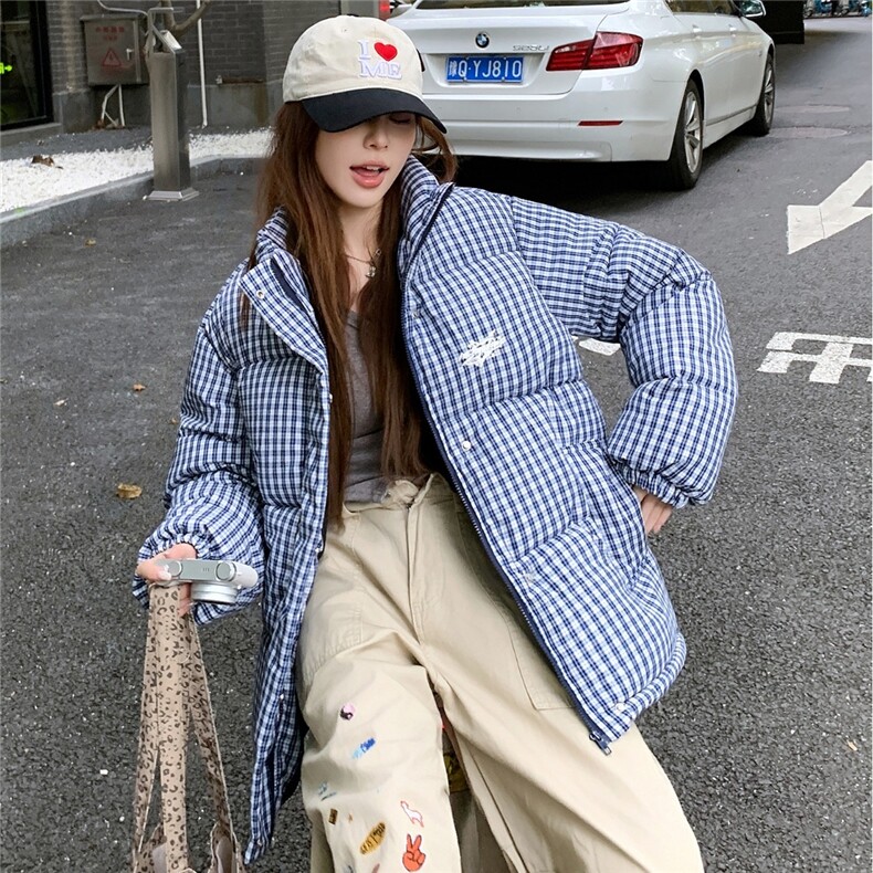 蓝色格子棉衣棉服2025冬季新款宽松面包服加厚外套图片