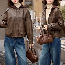 皮衣女款2024冬季加绒酷飒风洋气针织帽减龄穿搭时尚流行短款上衣，女装皮衣，跑量工厂店