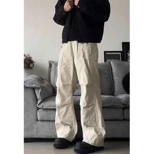 多口袋工装休闲裤男夏季复古宽松百搭褶皱直筒阔腿长裤子 KG007图片