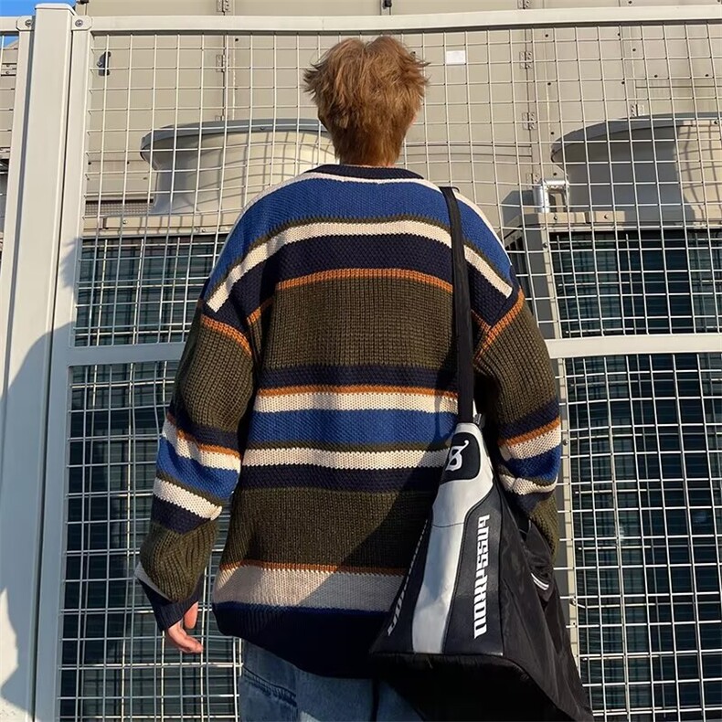 秋冬新款宽松美式复古条纹毛衣男圆领针织衫慵懒风上衣外套潮7171,男装针织衫/毛衣,星座506