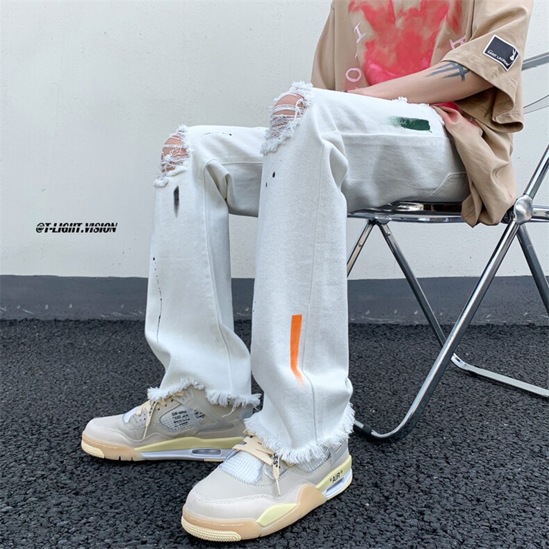 B221美式ins高街暗黑喷墨休闲破洞微喇牛仔裤LK23088-P65控88,男装牛仔裤,电商B221