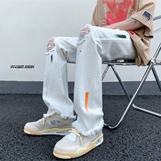 B221美式ins高街暗黑喷墨休闲破洞微喇牛仔裤LK23088-P65控88，男装牛仔裤，电商B221