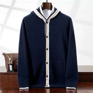 2025连帽拼色开衫羊绒衫，男装羊绒套衫，铂欧羊绒