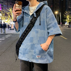 夏款男连帽T恤小鱼鳞条纹方格小贴标织带五分袖外套T235P38，男装T恤，星座1013-1