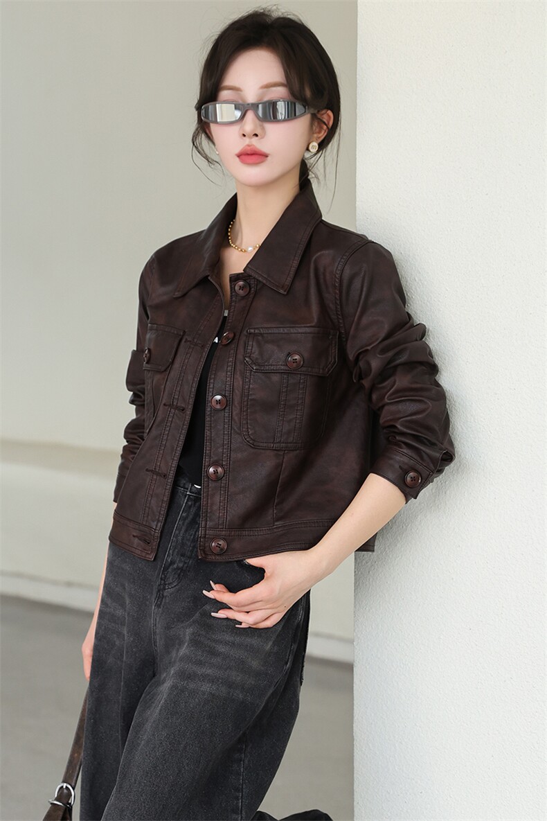 现货欧洲站2024春秋季新款欧货仿绵羊皮皮衣宽松短款夹克外套女,女装皮衣,美拉德工厂直营店