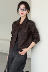 现货欧洲站2024春秋季新款欧货仿绵羊皮皮衣宽松短款夹克外套女，女装皮衣，美拉德工厂直营店