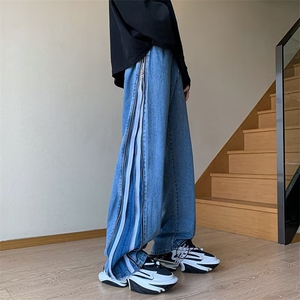 织带双拉链牛仔裤子男夏季薄款美式高街hiphop阔腿牛仔裤P60图片