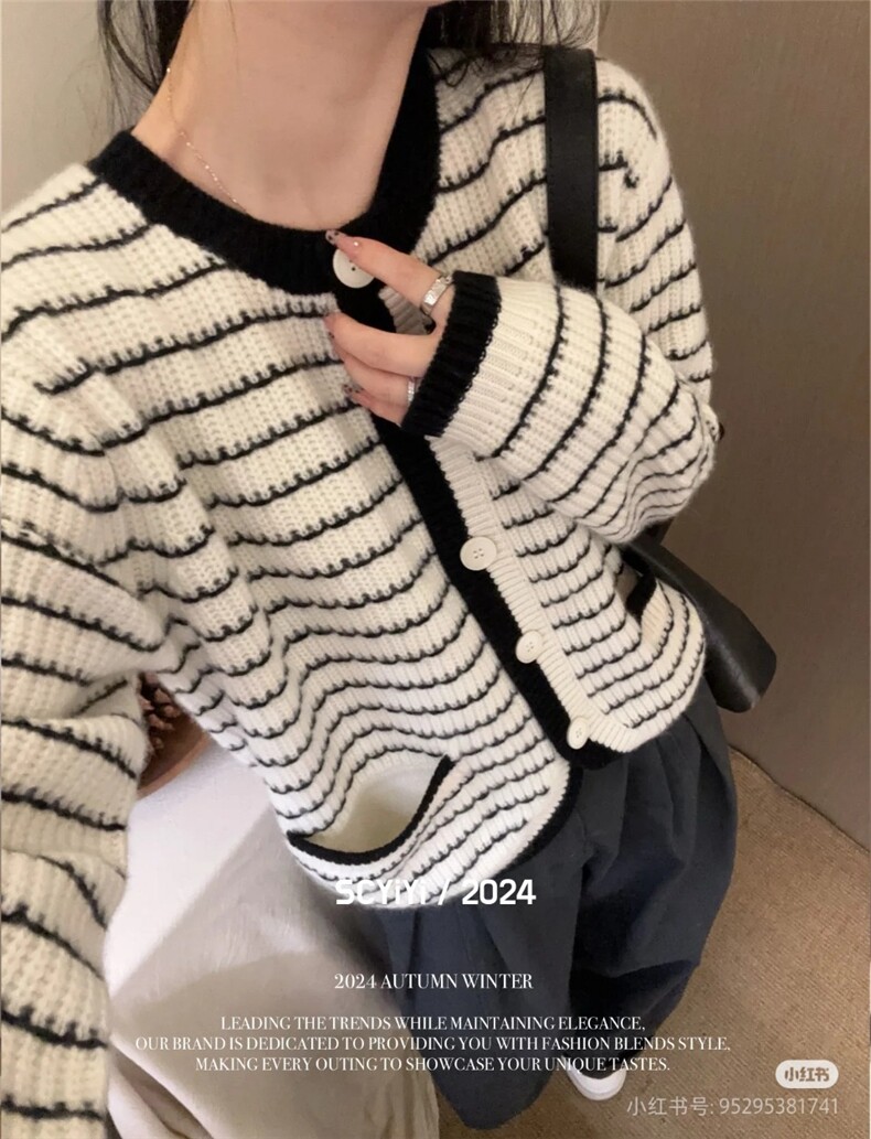 条纹开衫红色黑色胸围108衣长58袖长48,针织衫/毛衣,更慕羊绒