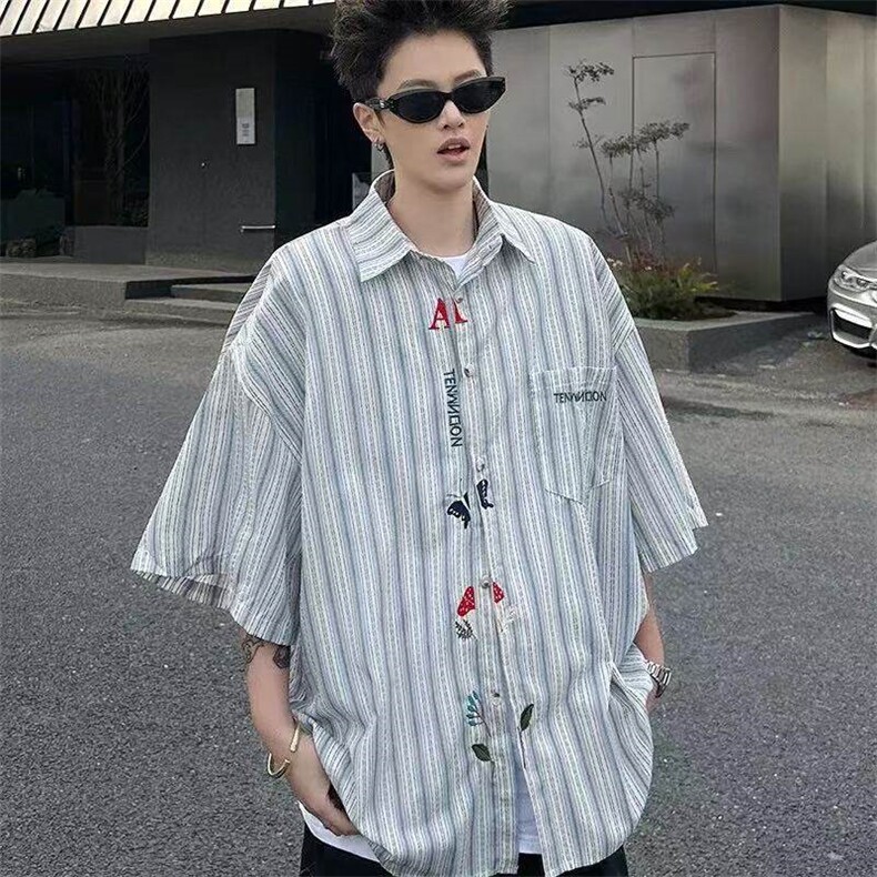 原布条纹刺绣短袖衬衣男春夏季薄款潮牌情侣高级宽松长袖防晒衬衫,男装衬衫,星座613