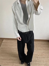 美式潮牌高街复古泡泡纱竖条纹日系肌理长袖衬衫男女休闲宽松衬衣，男装衬衫，电商A486
