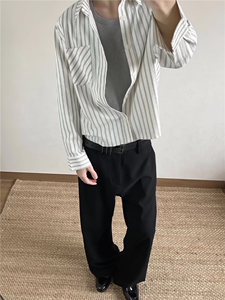 美式潮牌高街复古泡泡纱竖条纹日系肌理长袖衬衫男女休闲宽松衬衣图片