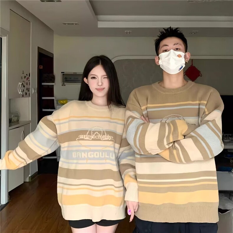 806-P45港风复古潮牌条纹毛衣男秋冬宽松休闲慵懒风美式圆领,男装针织衫/毛衣,电商B323A