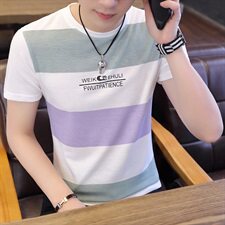 夏季休闲T恤男五分袖短袖男圆领卫衣彩色多线条纹绿T9510，男装T恤，星座1207