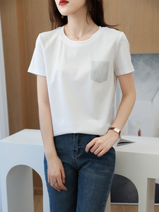 2024夏季新款前丝后棉真丝拼接T恤女桑蚕丝圆领缎面印花烫钻短袖图片