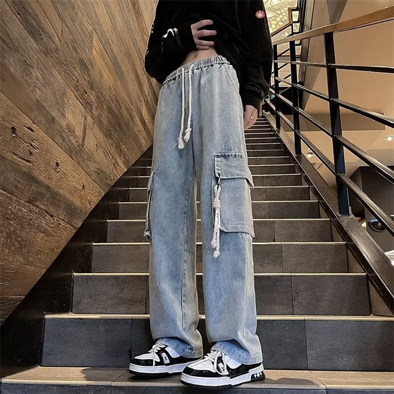 工装牛仔裤男秋冬2024新款潮牌高街阔腿裤宽松直筒裤子RK1133-P47图片