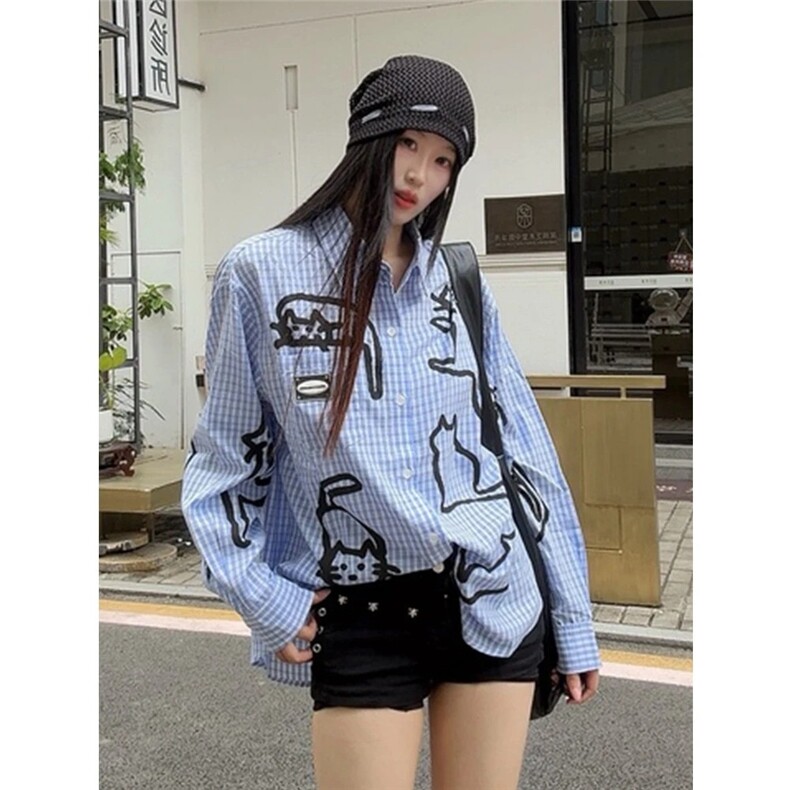 网图 蓝色格子长袖衬衫女秋季新款小众宽松猫咪印花上衣B04-特P45图片