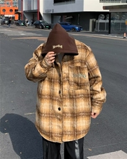 2023日系复古连帽格子毛呢大衣男士新款秋冬季时尚痞帅宽松外套，男装夹克，星座716-2