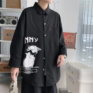 2021夏季新港风短句日系大码男猫咪印花宽松七分袖衬衫C3005-P45图片