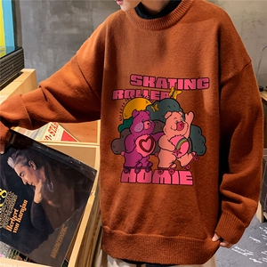 1港风日系宽松休闲情侣套头圆领印花加厚毛衣男7753P55加绒P70图片