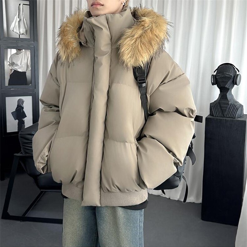 现货三防重磅硬挺boxy短款羽绒棉衣座山雕大毛毛领PU皮棉服外套冬，男装棉衣，电商A443