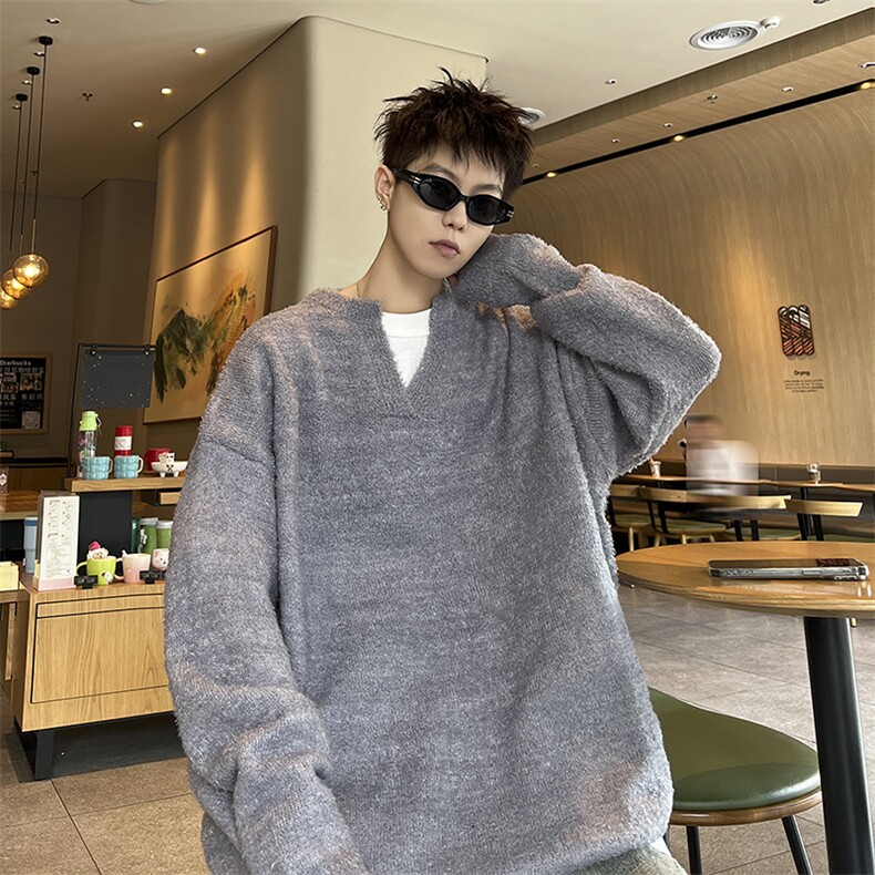 2024新款V领毛衣日系加厚套头长袖痞帅宽松针织衫现货W8433-P46，男装针织衫/毛衣，星座512-4