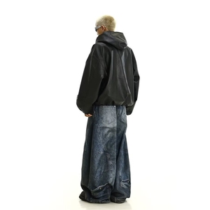 连帽皮衣外套男秋cleanfit痞帅高级感廓形宽松PU皮夹克JK226 P75图片