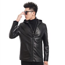 2023秋冬新款海宁皮衣男牛皮连帽外套韩版机车夹克P600，男装皮衣，电商B360