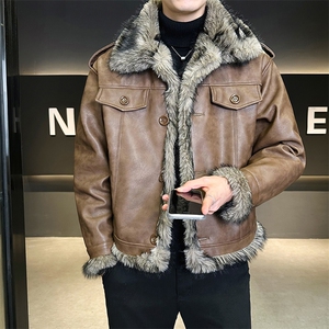 座山雕加绒加厚皮衣外套男士皮毛一体冬季PU皮棉衣B338-5606-P215图片