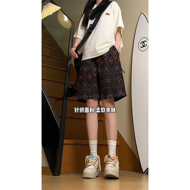 国潮民族风针织休闲短裤男夏季潮牌硬挺宽松直筒透气运动五分裤子,男装牛仔裤,电商A086-1