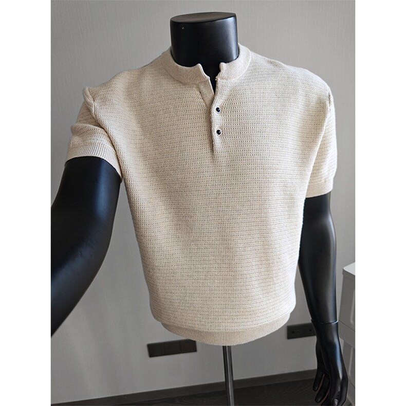 盗图老钱风亨利领纯色凉感复古针织短袖POLO衫H91055/P58控88，男装T恤，电商A243