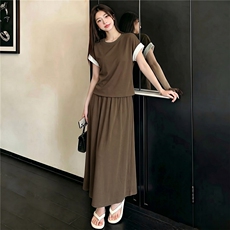 设计感撞色后背开叉圆领短袖套装女夏新款休闲高腰半身裙两件套潮，女装套装/套裙，江南