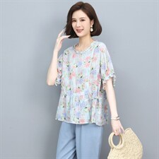 苎麻短袖t恤女夏装2022新款时尚宽松显瘦小衫休闲小个子妈妈上衣，女装衬衫，奕阳依阁