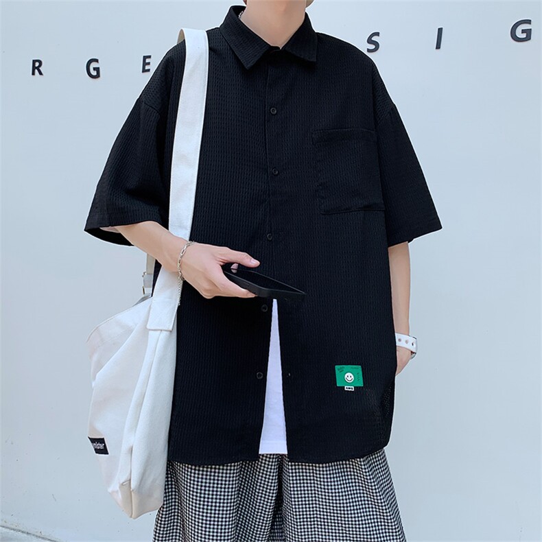 夏季贴标华夫格短袖衬衫男潮牌白色衬衣A355P40,男装T恤,电商A309