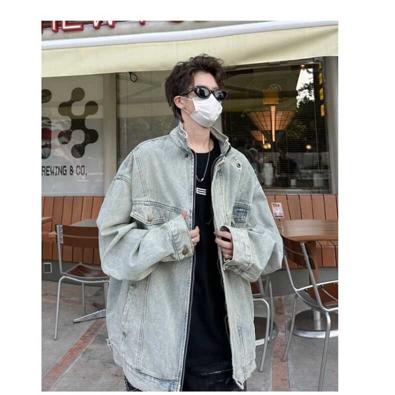 复古水洗做旧牛仔外套男款春秋季潮牌vibe风休闲夹克宽松工装上衣,男装风衣,星座218-8
