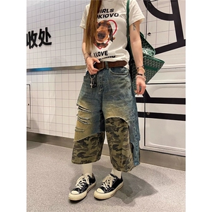 多口袋迷彩七分裤男生夏季新款美式复古小众街头宽松工装休闲短裤图片