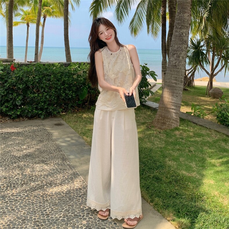 现货210-3252-P150-K218无袖重工蕾丝刺绣上衣阔腿裤套装,女装套装/套裙,浙宝210（原浙宝191）