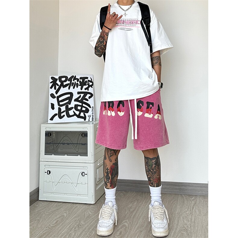 港风纯棉320G重磅水洗做旧印花短裤A014-DY2370-P50控68,男装牛仔裤,电商A014