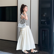 韩版POLO领条纹T恤半身裙两件套休闲百搭套装裙女夏，女装套装/套裙，2C166