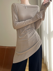 羊范法式优雅设计感醋酸显瘦上衣女一字领坑条修身打底不规则长袖，女装蕾丝衫/雪纺衫，优麦羊绒（原洪叶羊绒）