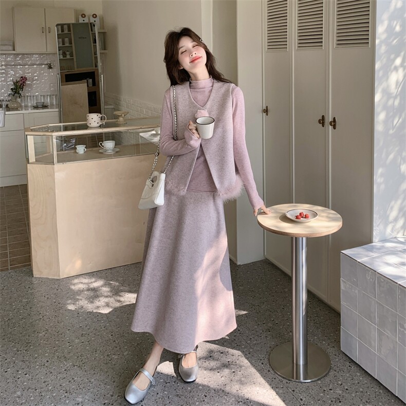 韩系甜美粉色鸵鸟毛拼接马甲内搭+半身裙三件套套装,女装套装/套裙,茵姿媚