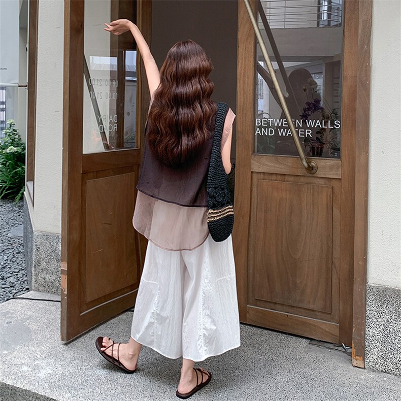 慵懒风薄纱拼接马甲休闲阔腿裤套装女2025夏季新款复古宽松两件套,女装套装/套裙,2C029